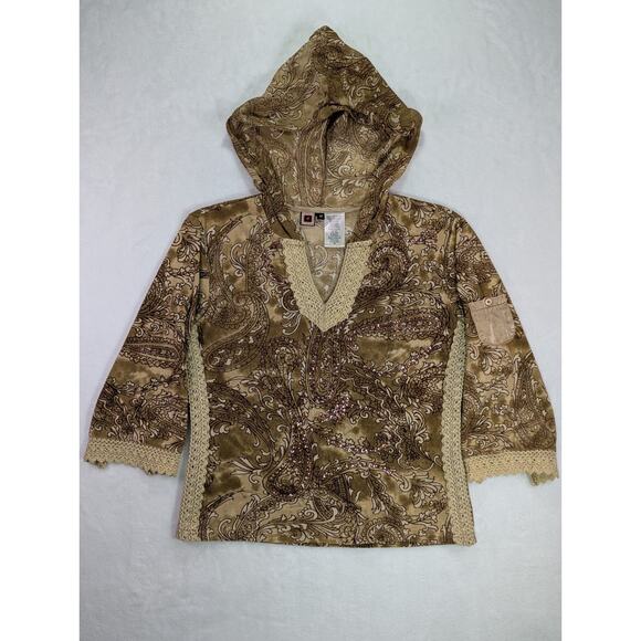 Forbidden Bohemian Hooded Top Medium Brown/Tan/Beige Paisley Crochet/Bead/Sequin - Picture 1 of 16